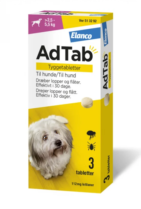 AdTab vet tyggetablett 112 mg til hund 3 stk v:6108468 AdTab vet tyggetablett 112 mg til hund 3 stk v:6108468