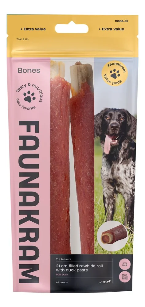Faunakram 21 cm Filled Rawhide Roll with Duck Paste – 300 g. v:4380473 Faunakram 21 cm Filled Rawhide Roll with Duck Paste – 300 g. v:4380473